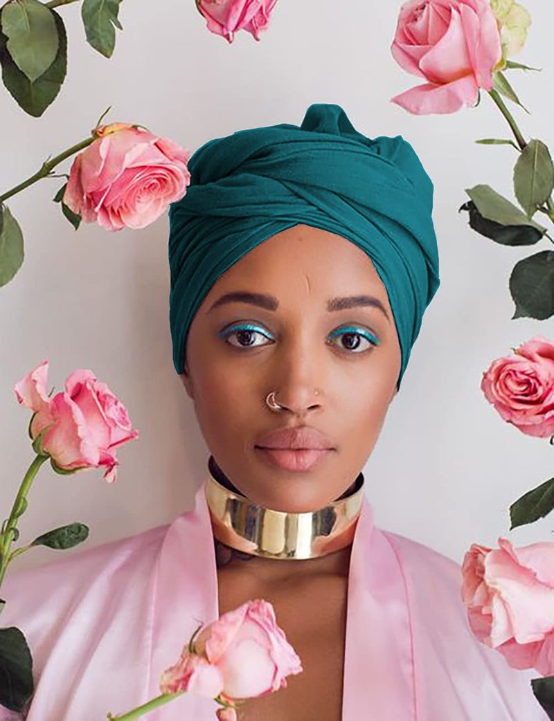 Harewom Hair Wraps for Women Turban Fashion Long Vintage African Hair Headband for Braids Locs Work Cooking Dark Cyan - Image 5